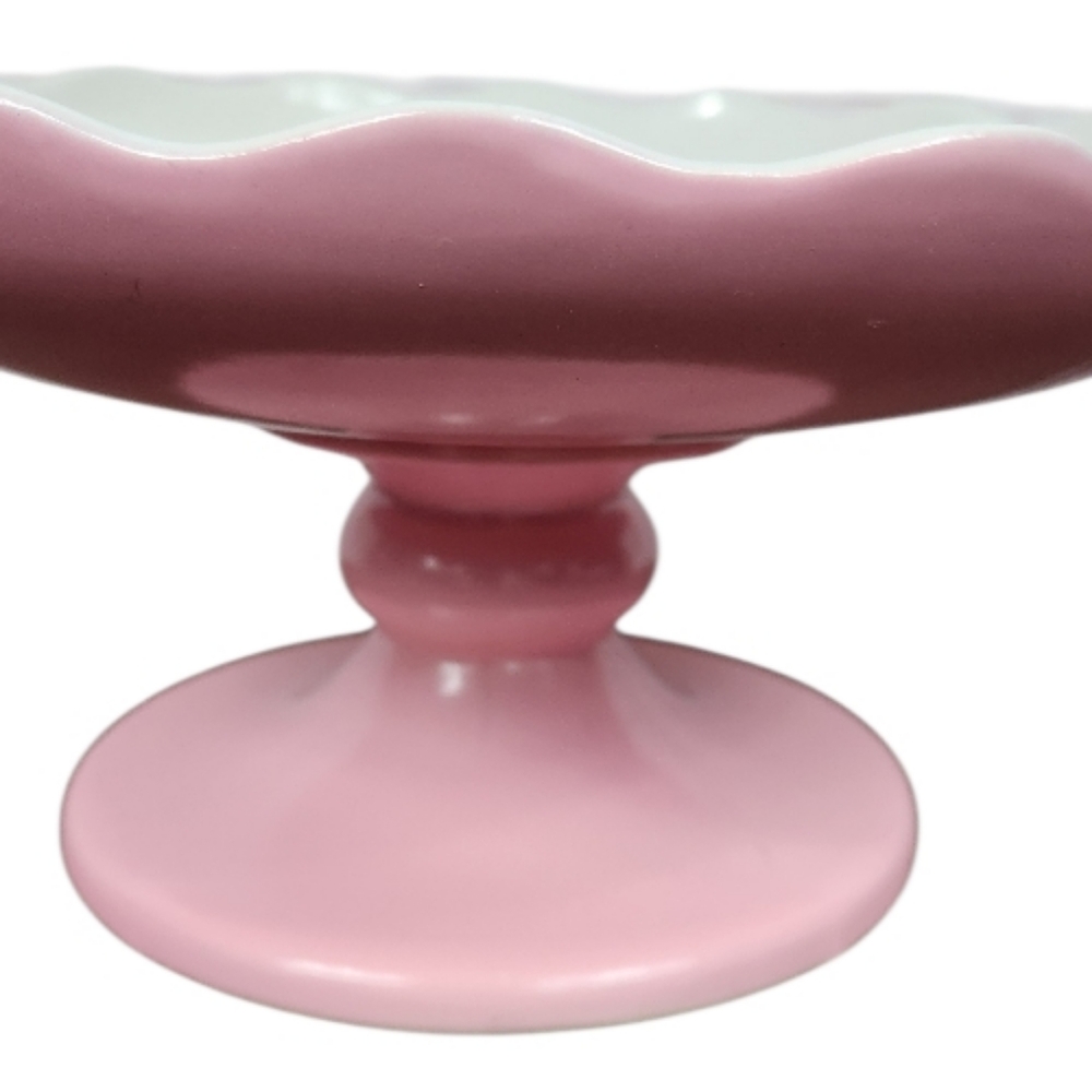 HULL POTTERY Vintage Pink and White Scallop Edge Pedestal Cake Stand - Picture 5 of 5